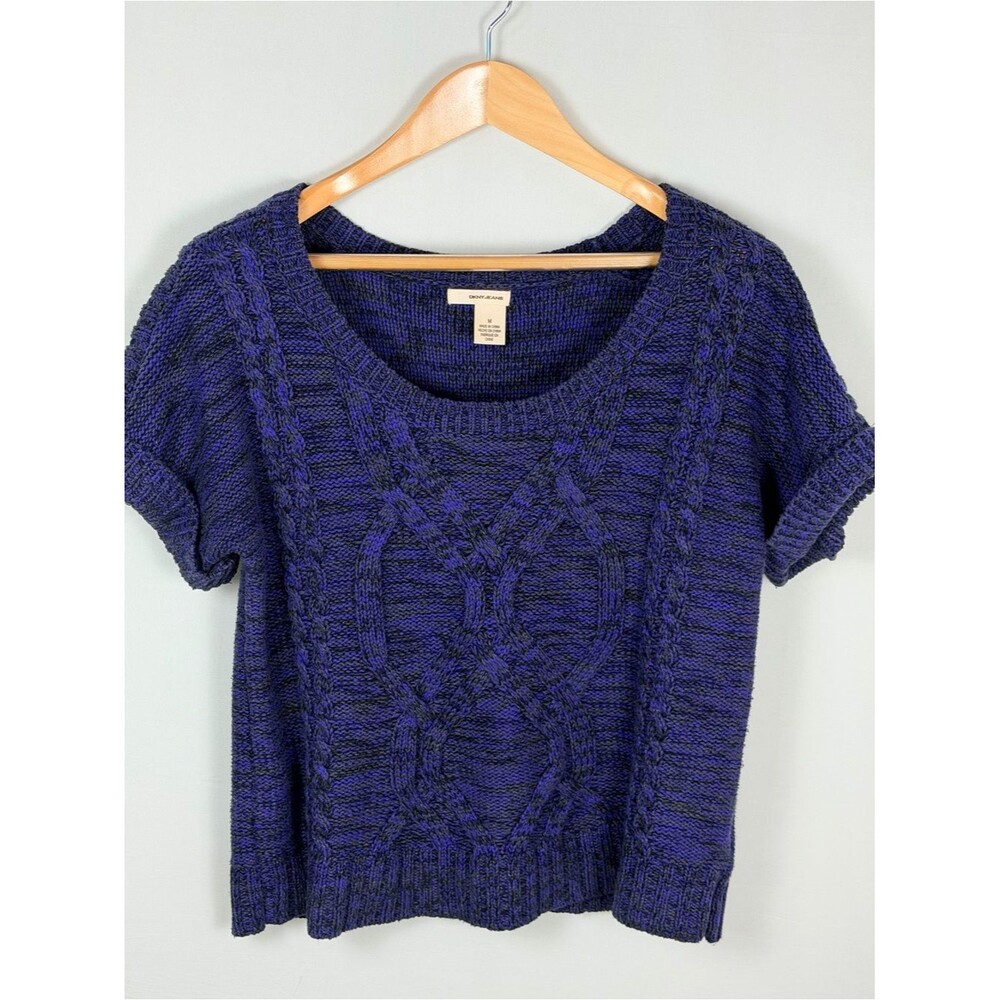 DKNY Jeans Cable Knit Sweater Top Purple Blue Short Sleeve Chunky Knit Medium